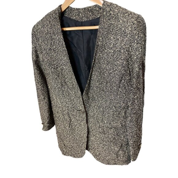 Hand Sewn Black Brown Textured Tweed Single Button Blazer Sz 12 - Picture 3 of 10